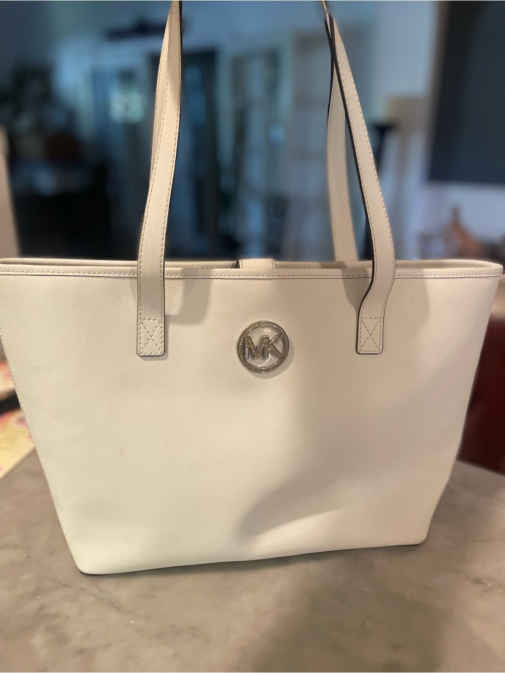 Michael Kors White Saffiano Tote with Gold MK Emblem